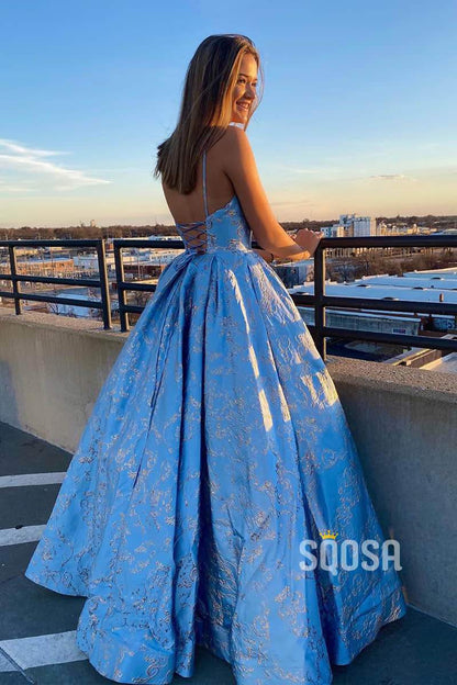 A-Line Exquisite Lace V-neck Spaghetti Straps Long Prom Dress Lace-Up QP0991|SQOSA