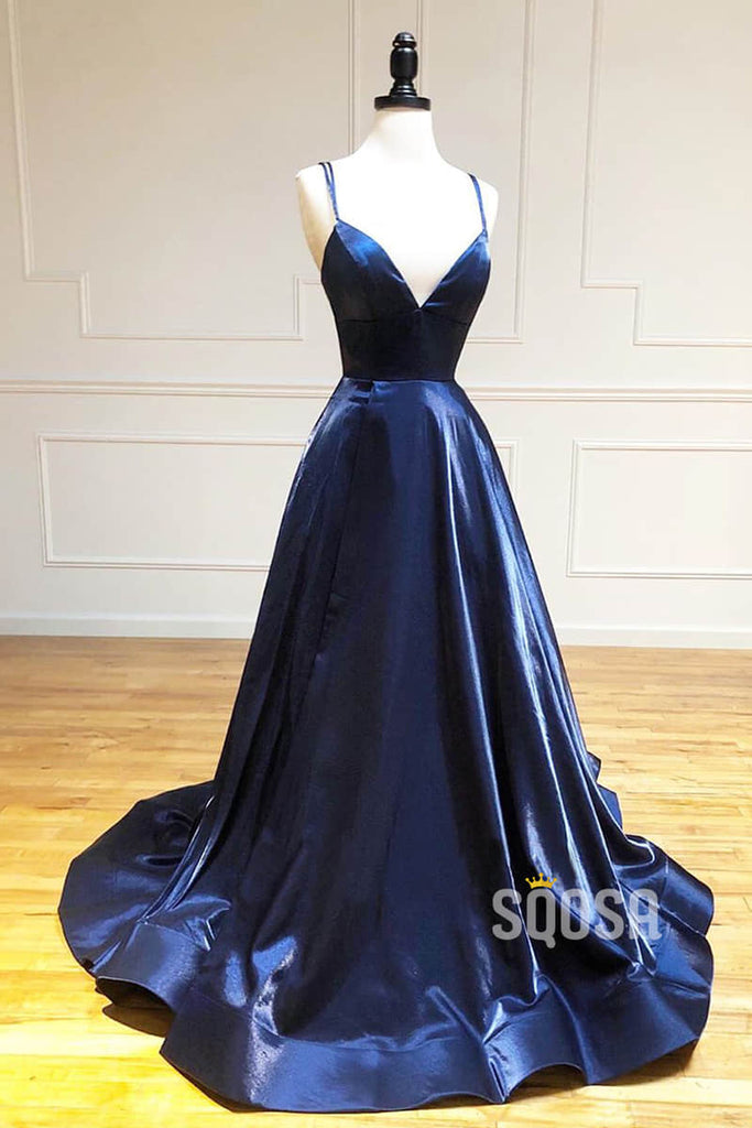 Navy Blue Satin V-neck Spaghetti Straps Simple Prom Dress QP0999