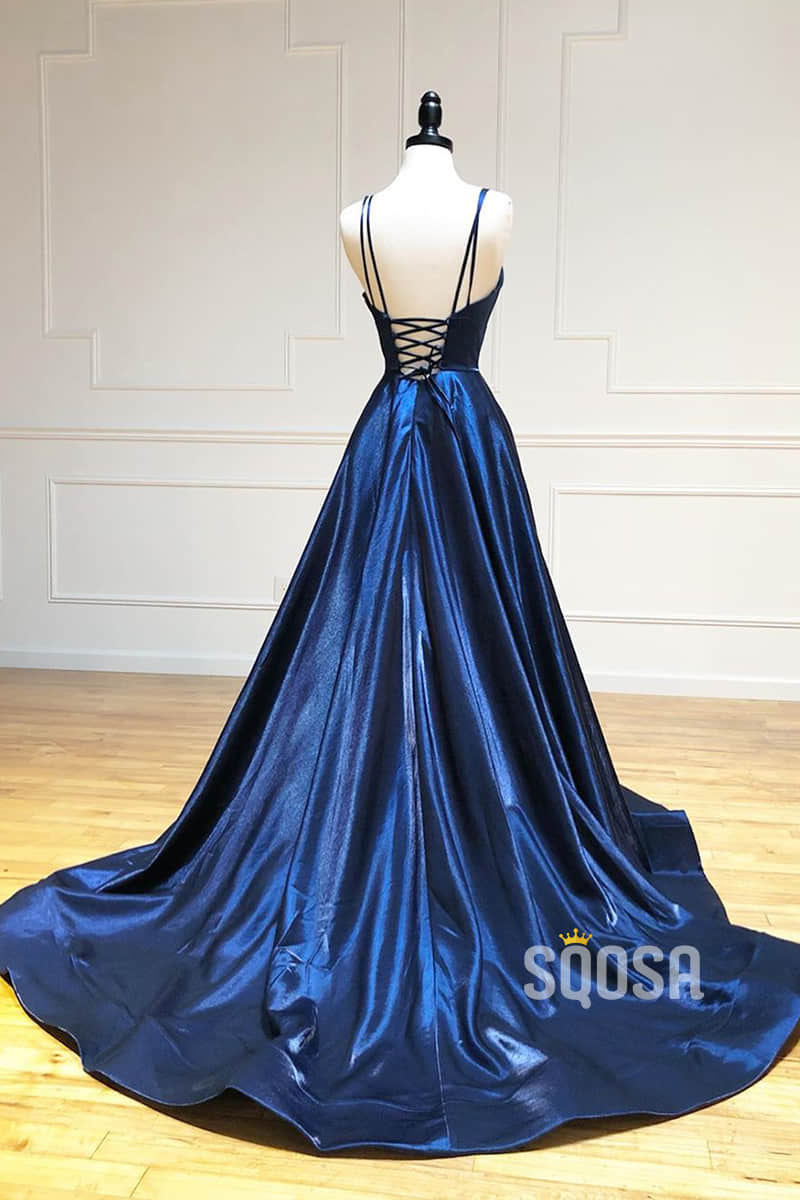 Navy Blue Satin V-neck Spaghetti Straps Simple Prom Dress QP0999