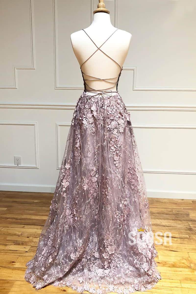 Criss-Cross Straps Chic 3D Lace V-neck A-Line Long Prom Dress Formal Evening Dress QP1001|SQOSA