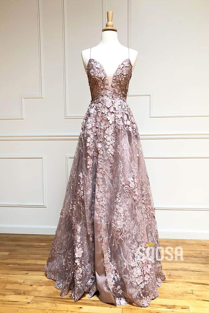 Criss-Cross Straps Chic 3D Lace V-neck A-Line Long Prom Dress Formal Evening Dress QP1001|SQOSA