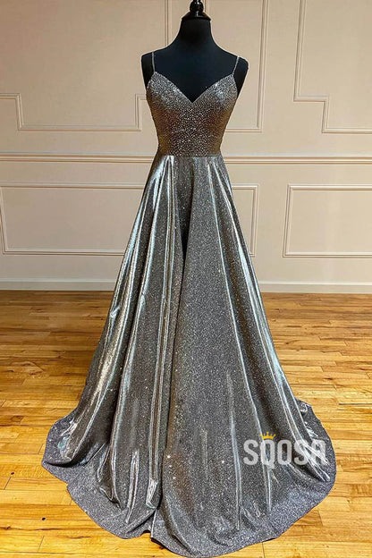 A-Line Beaded Bodice Spagheeti Straps Sparkle Prom Dress Long Formal Evening Gowns QP1005|SQOSA