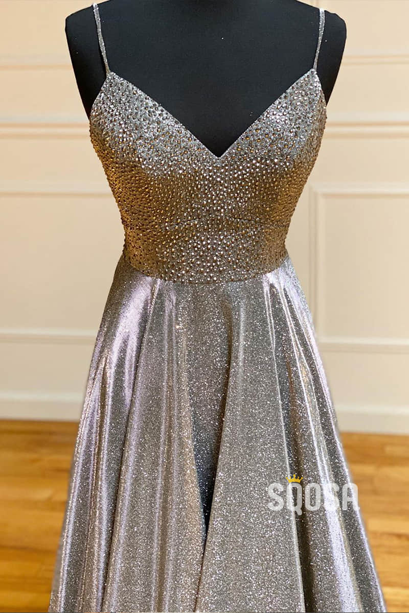 A-Line Beaded Bodice Spagheeti Straps Sparkle Prom Dress Long Formal Evening Gowns QP1005|SQOSA