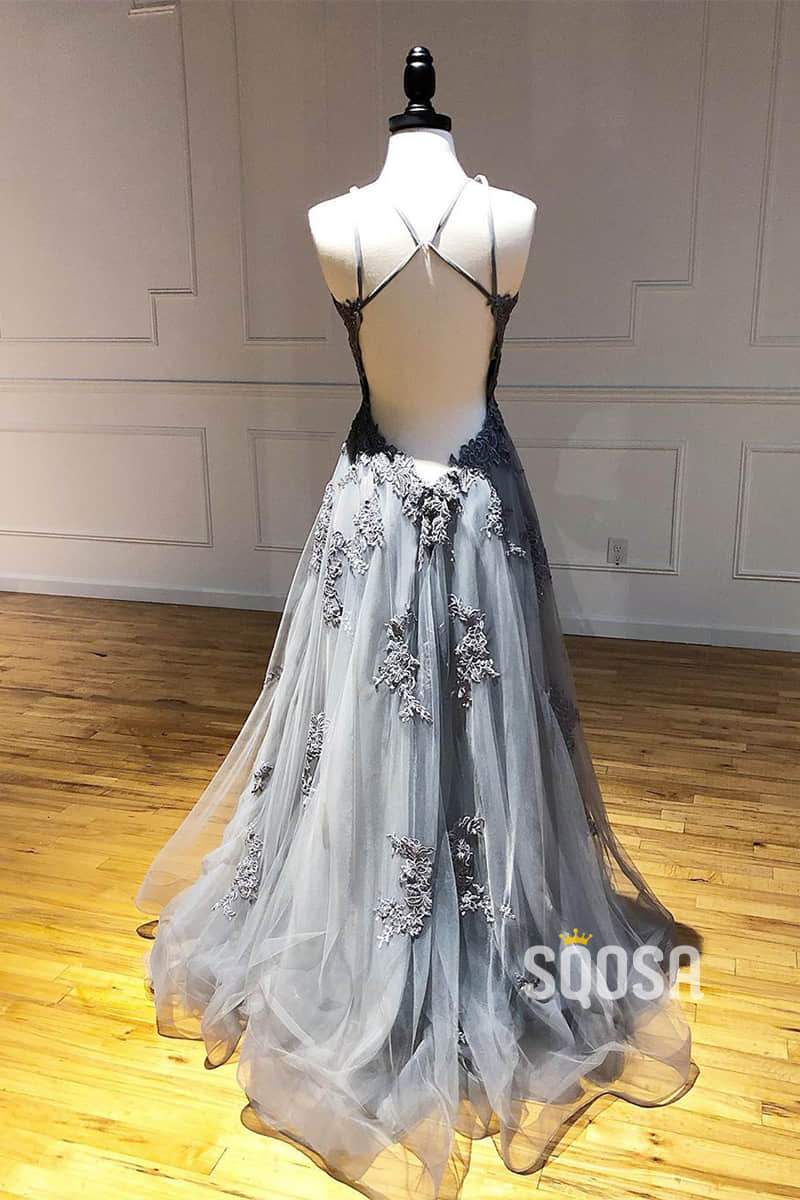 Grey Tulle Appliques Halter A-Line Long Prom Dress Open Back QP1006|SQOSA