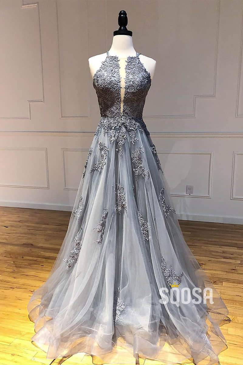 Grey Tulle Appliques Halter A-Line Long Prom Dress Open Back QP1006|SQOSA