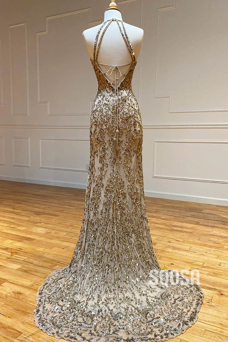 Sheath/Column Gold Beaded Halter Long Prom Dress Formal Evening Dress QP1008|SQOSA