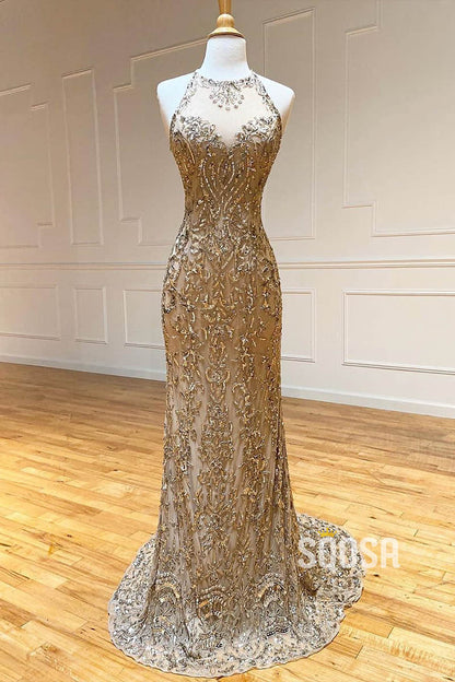 Sheath/Column Gold Beaded Halter Long Prom Dress Formal Evening Dress QP1008|SQOSA