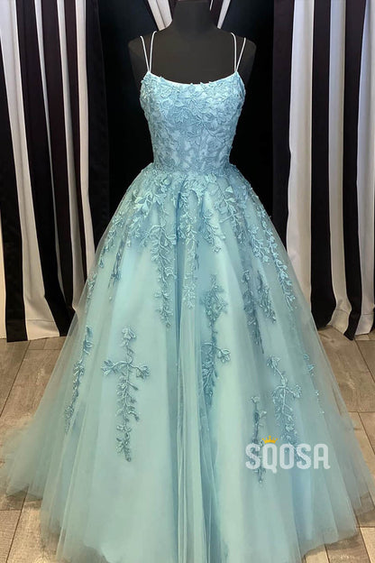 A-line Scoop Tulle Appliques Long Prom Dress QP2553