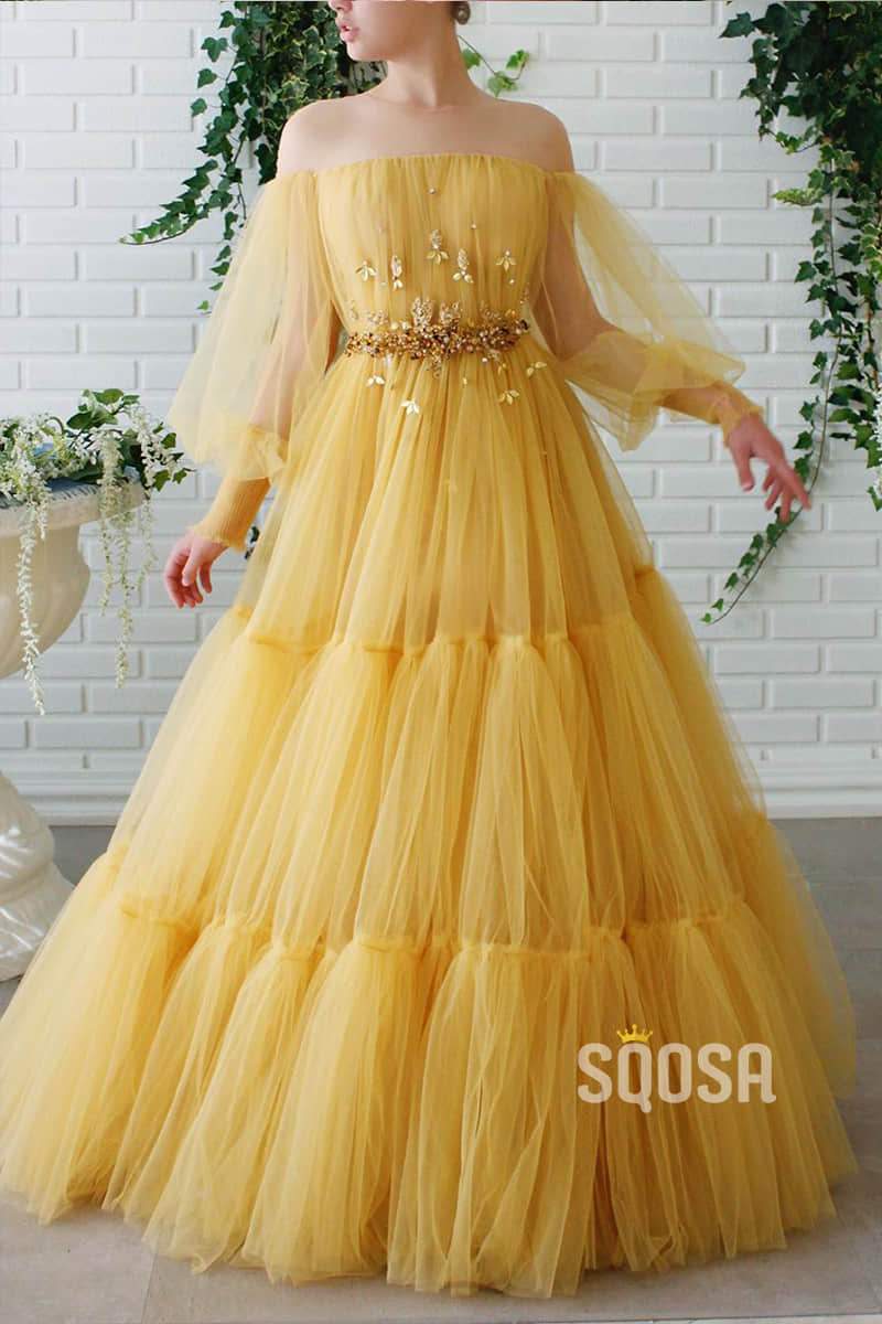 Off-the-Shoulder Yellow Tulle Beaded A-Line Long Prom Dress Formal Evening Gowns QP1022|SQOSA