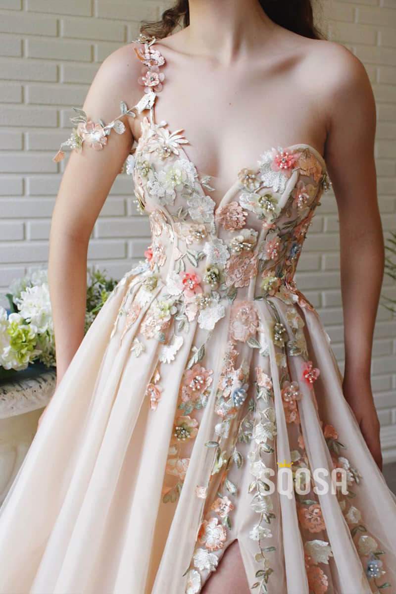 One Shoulder Chic Appliques with Beadings A-Line Long Prom Dress with Slit QP1023|SQOSA