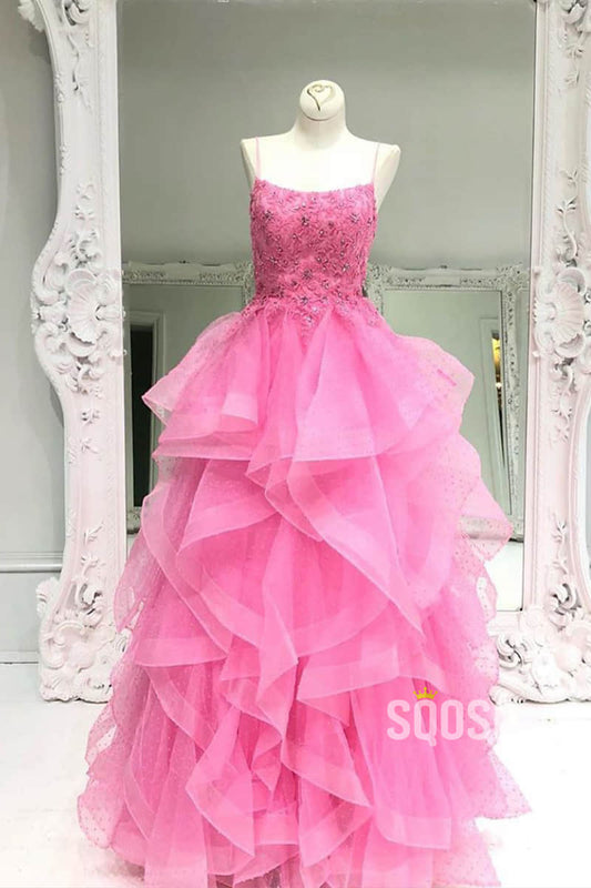 Hot Pink Tulle Spaghetti Straps Appliques Long Prom Dress Gowns QP1027|SQOSA