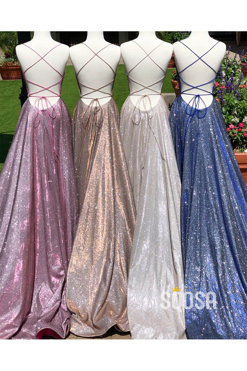 Navy Blue Tulle Criss Cross Straps A-Line Sparkle Prom Dress Long Homecoming Dress QP1060|SQOSA