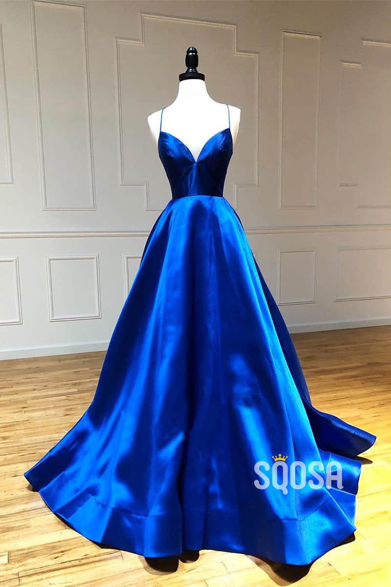 Royal Blue Satin V-neck Spaghetti Straps A-Line Simple Prom Dress QP1063|SQOSA