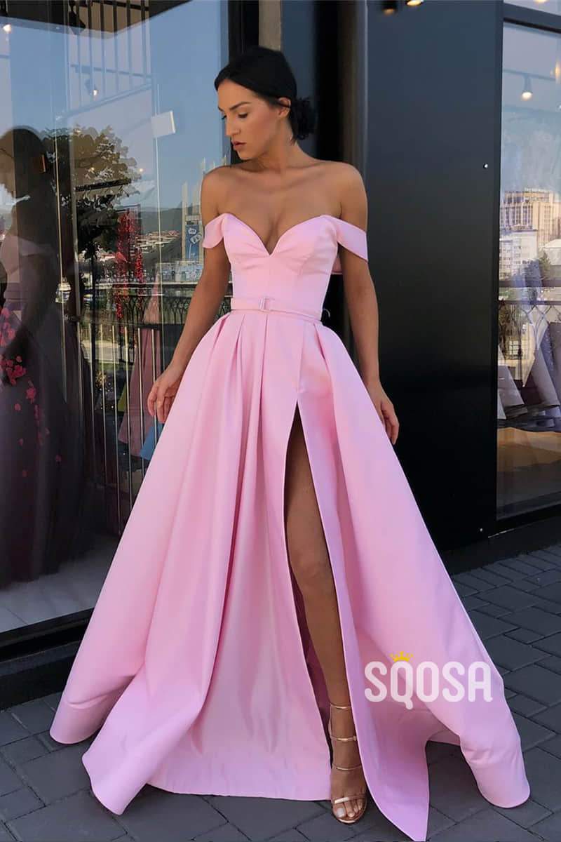 Off-the-Shoulder Pink Satin A-Line Split Long Prom Dress with Pockest QP1064|SQOSA