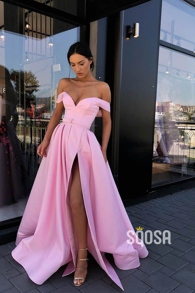 Off-the-Shoulder Pink Satin A-Line Split Long Prom Dress with Pockest QP1064|SQOSA