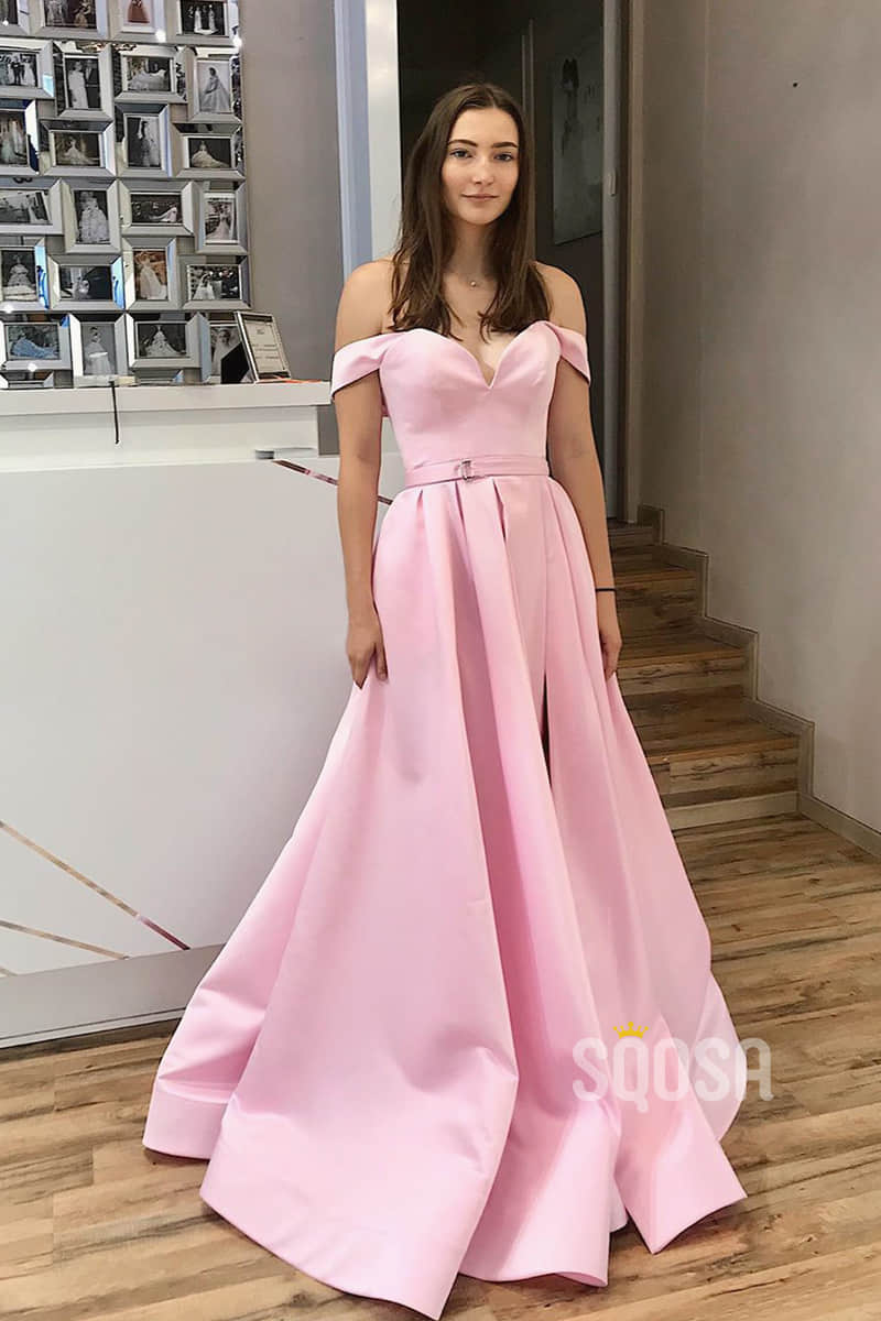 Off-the-Shoulder Pink Satin A-Line Split Long Prom Dress with Pockest QP1064