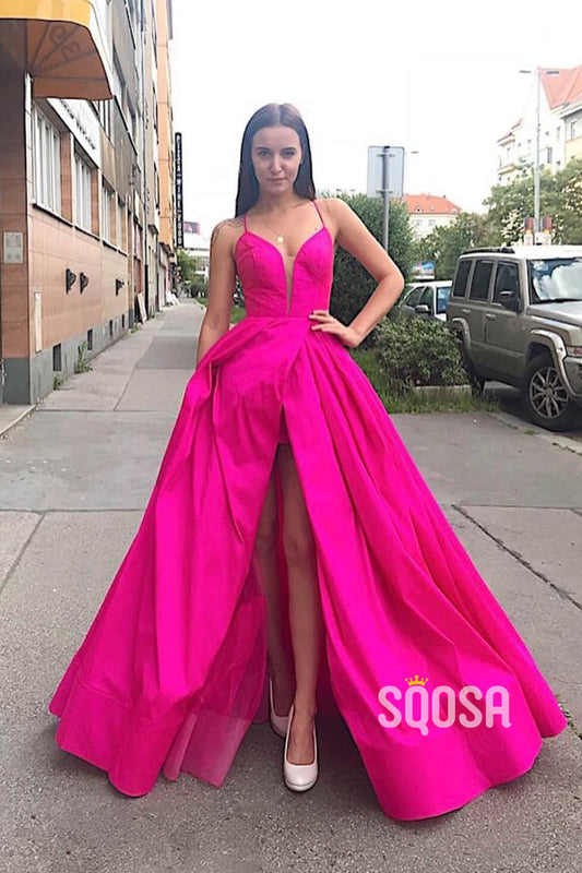 Hot Pink Satin V-neck Sexy High Split A-Line Long Prom Dress with Pockets QP1065|SQOSA