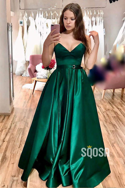 Strapless V-neck Green Satin A-Line Long Simple Prom Dress with Split QP1066|SQOSA