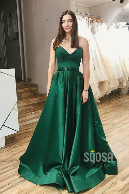 Strapless V-neck Green Satin A-Line Long Simple Prom Dress with Split QP1066