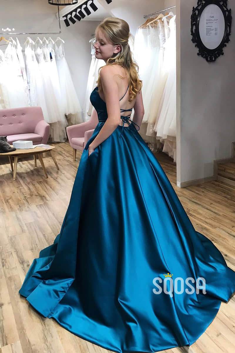 A-Line Chic Scoop Criss Cross Straps Long Simple Prom Dress with Pockets QP1069|SQOSA