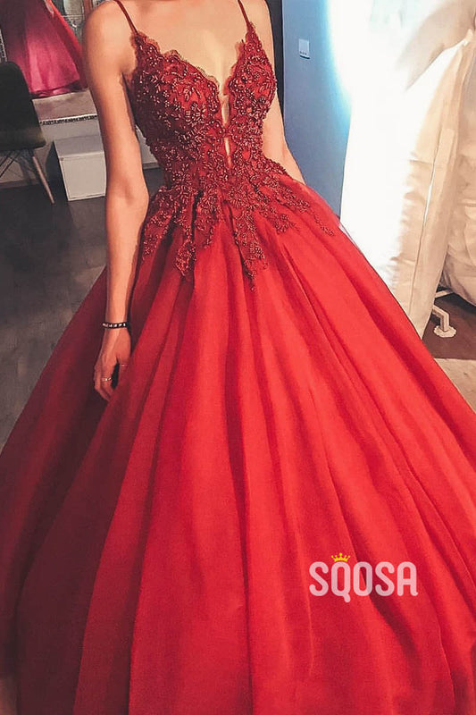 Ball Gown Spaghetti Straps Beaded Burgundy Tulle Long Prom Dress Formal Evening Gowns QP1083|SQOSA