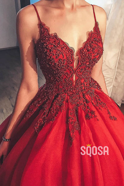 Ball Gown Spaghetti Straps Beaded Burgundy Tulle Long Prom Dress Formal Evening Gowns QP1083|SQOSA