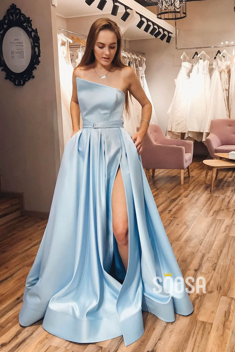 Sky Blue Satin Strapless A-Line Split Long Prom Dress with Pockets QP1085|SQOSA