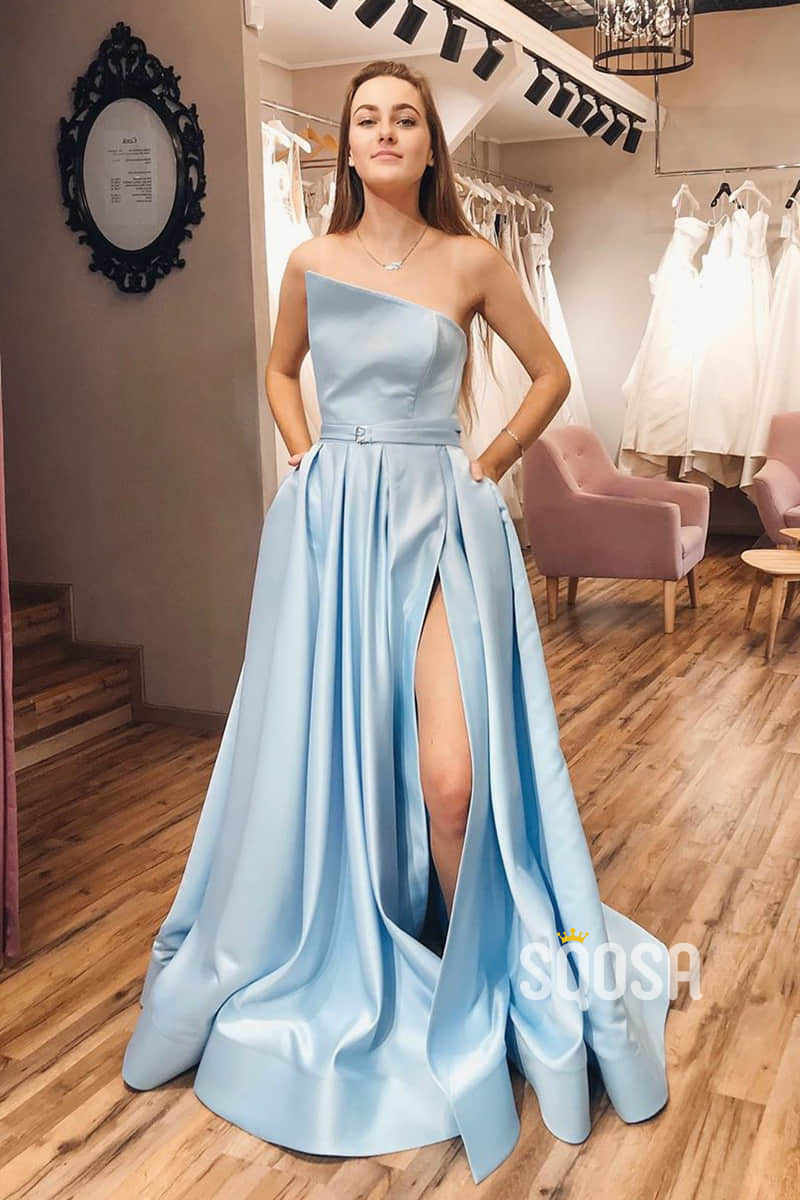 Sky Blue Satin Strapless A-Line Split Long Prom Dress with Pockets QP1085|SQOSA