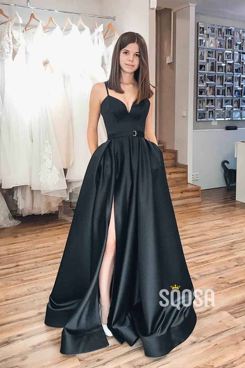 A-Line Black Satin Spaghetti Straps V-neck Simple Prom Dress with Pockets QP1086|SQOSA