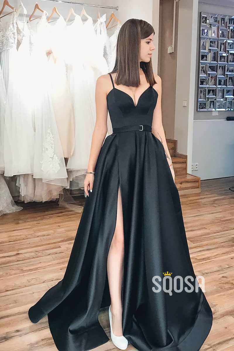 A-Line Black Satin Spaghetti Straps V-neck Simple Prom Dress with Pockets QP1086