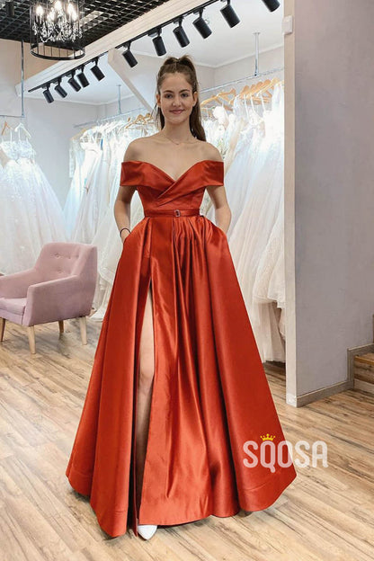 Off-the-Shoulder A-Line Satin Spalit Long Prom Dress with Pockets QP1087|SQOSA