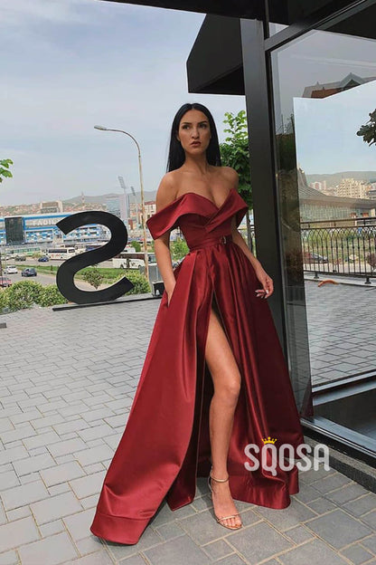 Off-the-Shoulder A-Line Satin Spalit Long Prom Dress with Pockets QP1087|SQOSA