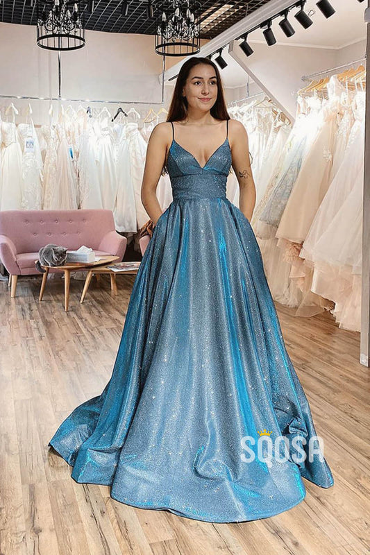 A-Line Spaghetti Straps Sparkle Tulle Long Prom Dress with Pockest QP1088|SQOSA