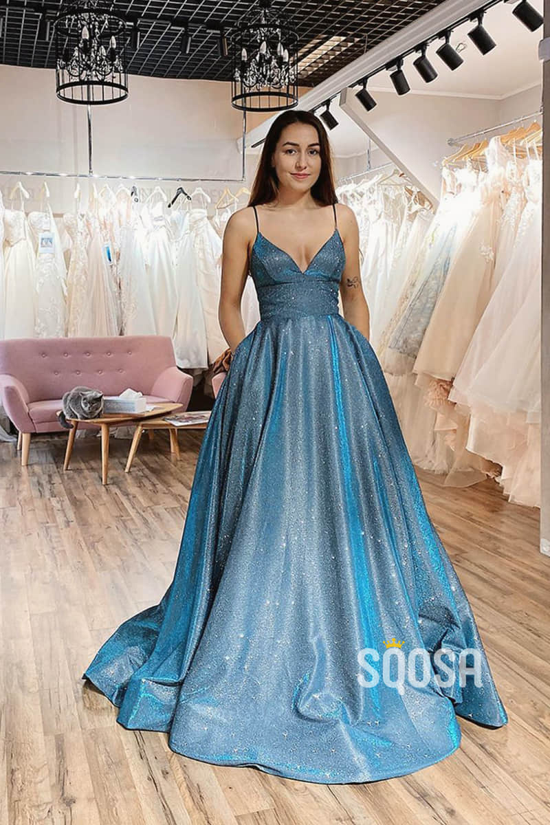 A-Line Spaghetti Straps Sparkle Tulle Long Prom Dress with Pockest QP1088|SQOSA