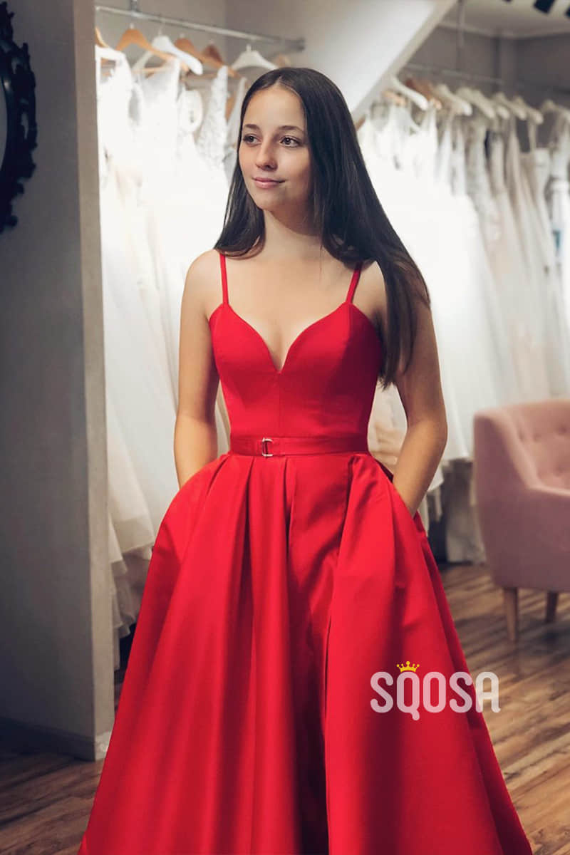 A-Line Red Satin V-neck Sexy High Split Long Prom Dress with Pockets QP1094|SQOSA