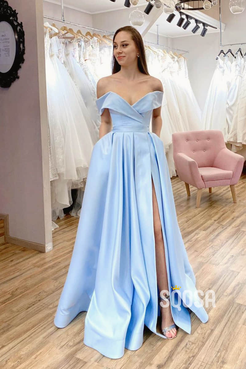 A-Line Sky Blue Satin Off-the-Shoulder High Split Long Prom Dress with Pockets QP1095|SQOSA
