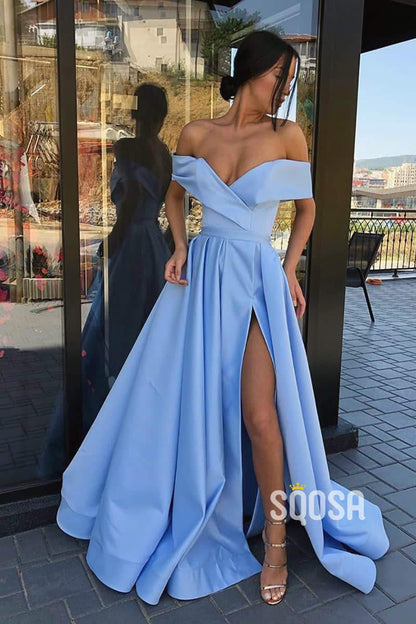A-Line Sky Blue Satin Off-the-Shoulder High Split Long Prom Dress with Pockets QP1095|SQOSA