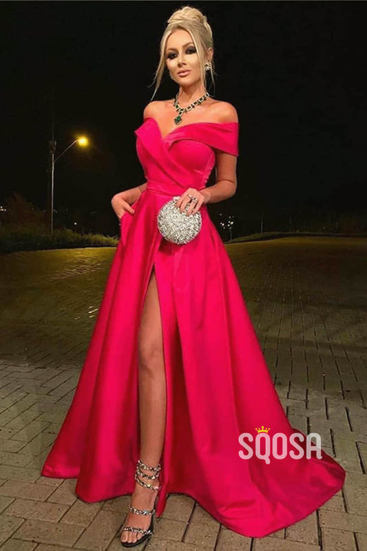 Hot Pink Satin Off-the-Shoulder A-Line Long Prom Dress with Slit QP1101|SQOSA
