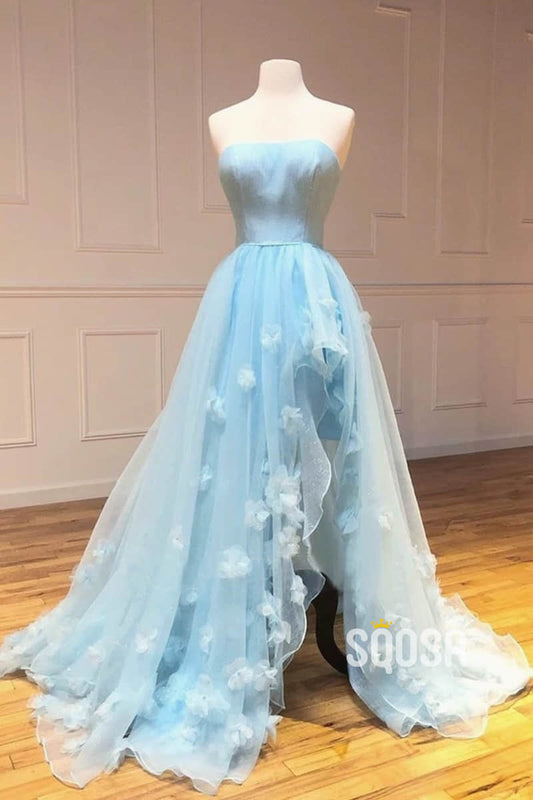 Sky Blue Tulle Strapless 3D Appliques A-Line Long Prom Dress with Slit QP1105|SQOSA