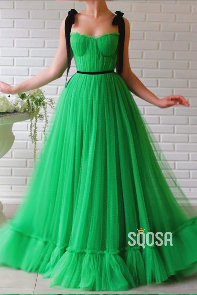 Green Tulle Sweetheart A-Line Long Prom Evening Dress QP1113|SQOSA