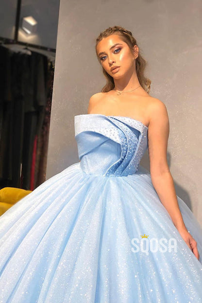 Ball Gown Sky Blue Tulle Beaded Strapless Long Sparkle Prom Dress,Formal Evening Gowns QP1127|SQOSA