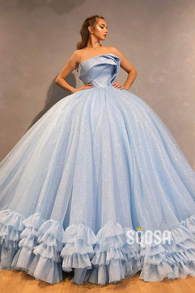 Ball Gown Sky Blue Tulle Beaded Strapless Long Sparkle Prom Dress,Formal Evening Gowns QP1127|SQOSA