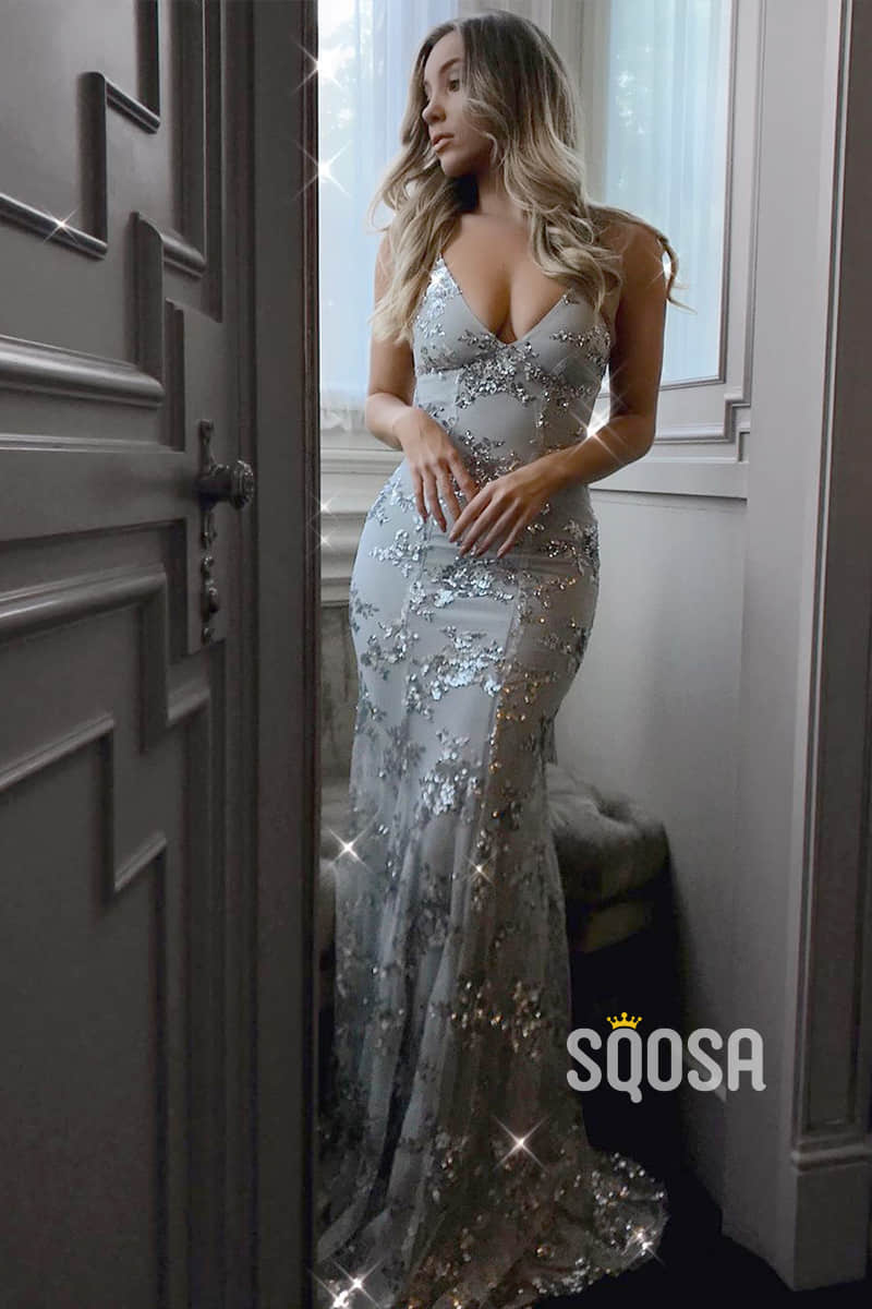 Silver Sequins Mermaid/Trumpet Prom Dress Spaghetti Straps V-neck Formal Evening Gowns QP1128|SQOSA