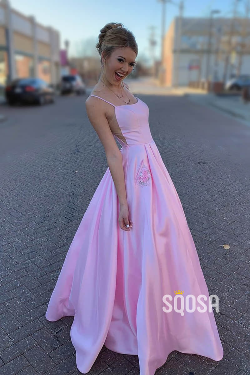 A-Line Pink Satin Spaghetti Straps Scoop Long Prom Dress with Pockets QP1151|SQOSA