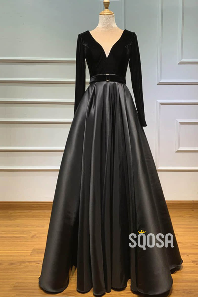Burgundy Satin V-neck Velevt Long Sleeve A-Line Long Prom Dress with Pockets QP1162|SQOSA