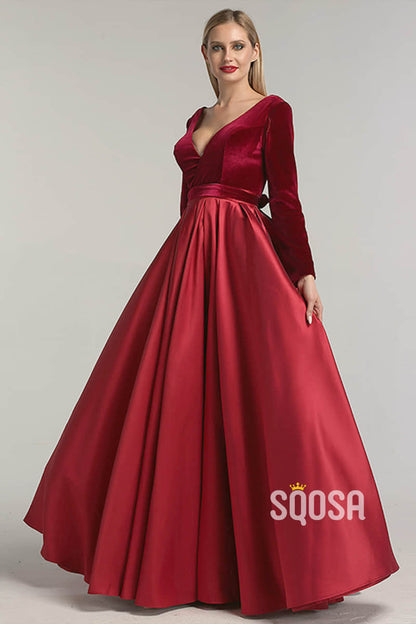 Burgundy Satin V-neck Velevt Long Sleeve A-Line Long Prom Dress with Pockets QP1162|SQOSA