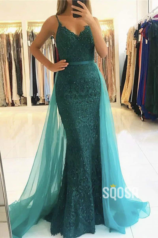 Mermaid/Trumpet Prom Dress Spaghetti V-neck Lace Beaded Evening Gowns QP1167|SQOSA
