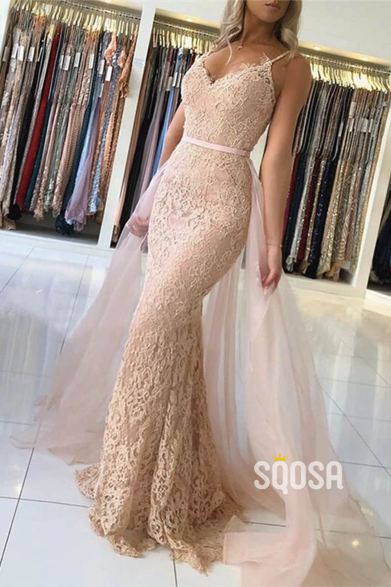 Mermaid/Trumpet Prom Dress Spaghetti V-neck Lace Beaded Evening Gowns QP1167|SQOSA