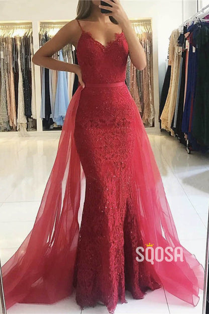 Mermaid/Trumpet Prom Dress Spaghetti V-neck Lace Beaded Evening Gowns QP1167