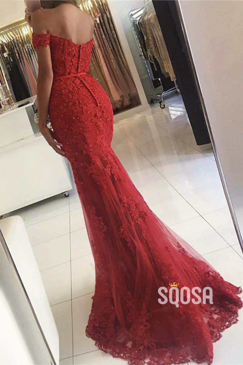 Burgundy Lace Beaded Off-the-Shoulder Mermaid Prom Dress QP1177